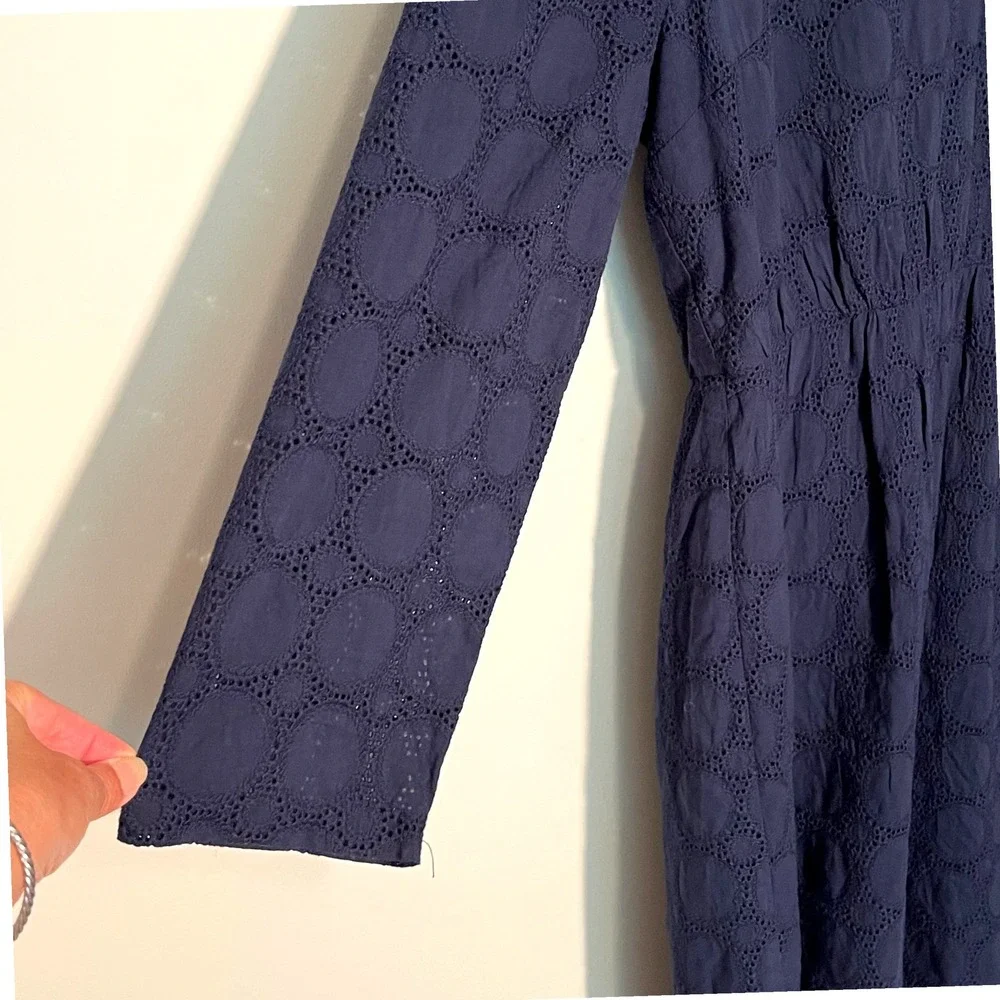 J Crew Navy Blue‎ Cotton Eyelet Dress V Neck 3/4 Sleeve Scalloped Hem Women's 14